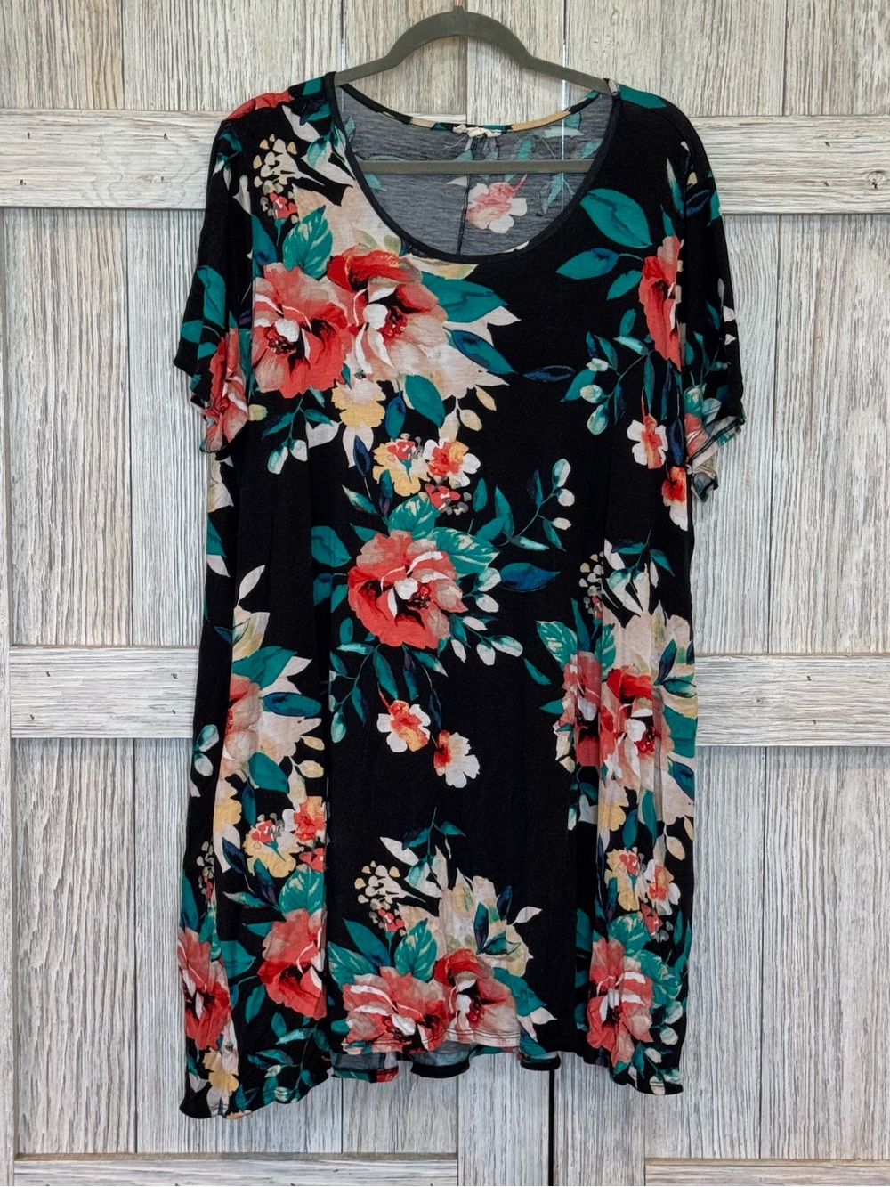 Sweet Pea Floral Scoop Neck Tunic Dress in Black, Teal & Coral Sz 3X